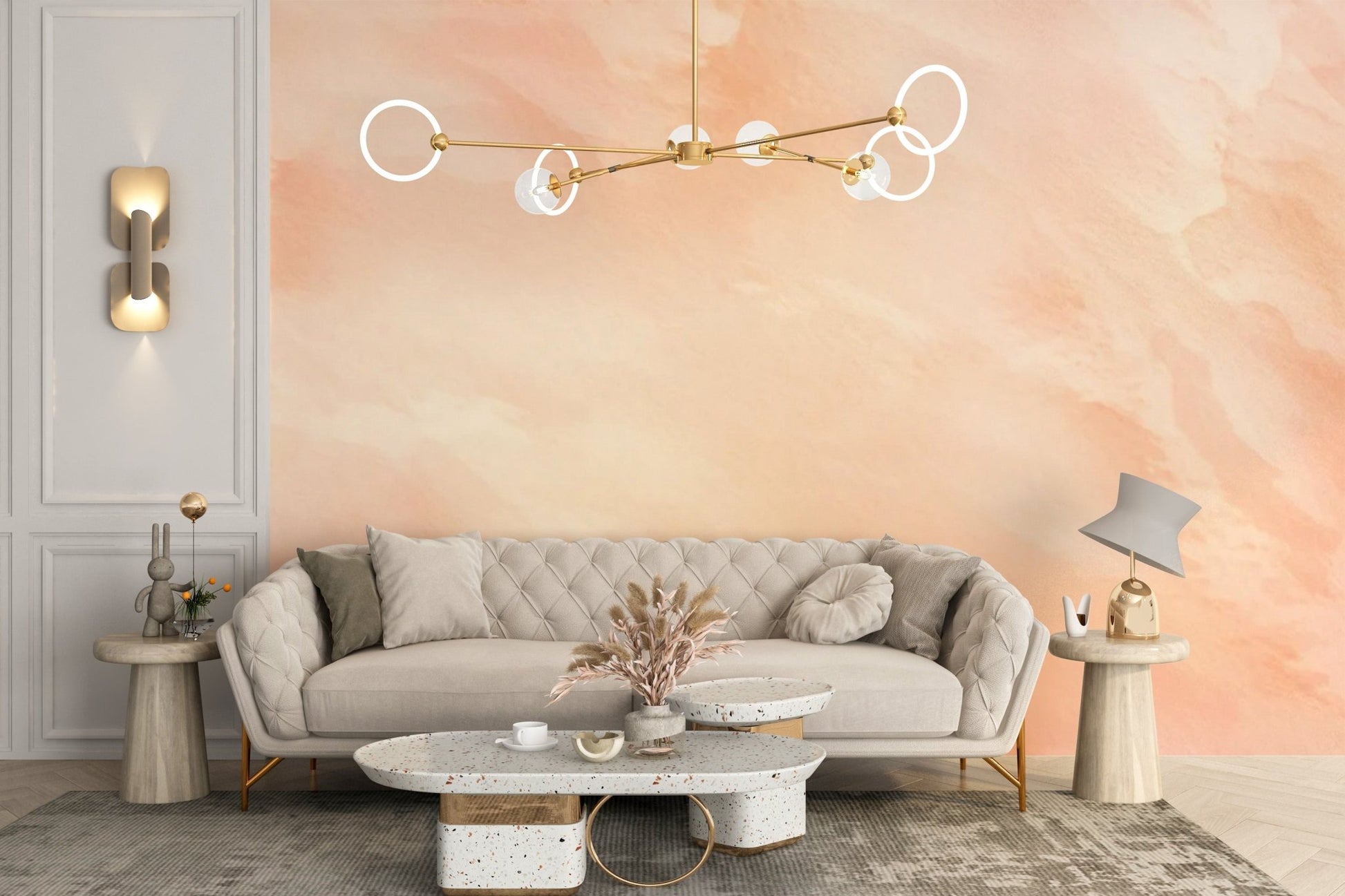 Modern abstract watercolor wall mural with warm pastel palette.