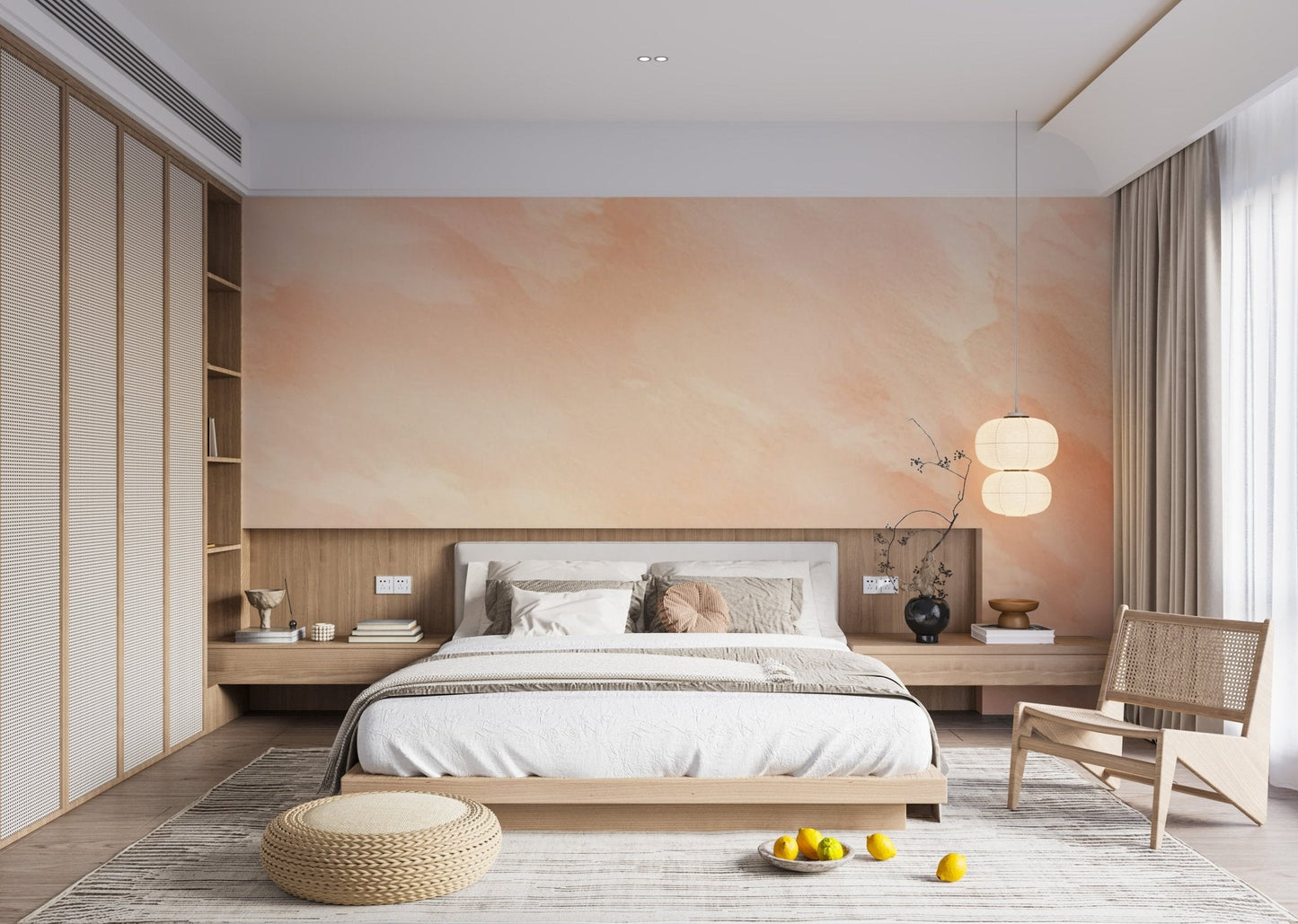 Textured watercolor wallpaper with soft gradient paint strokes for bedroom interior.