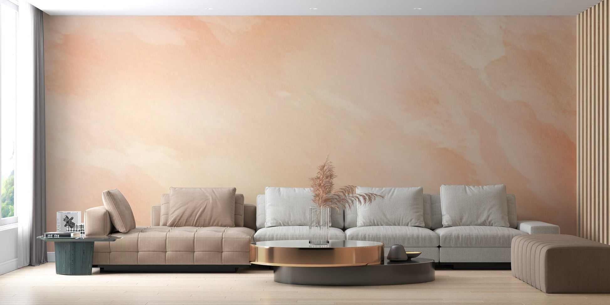 Pastel watercolor wallpaper with blended peach and beige tones on home office wall.