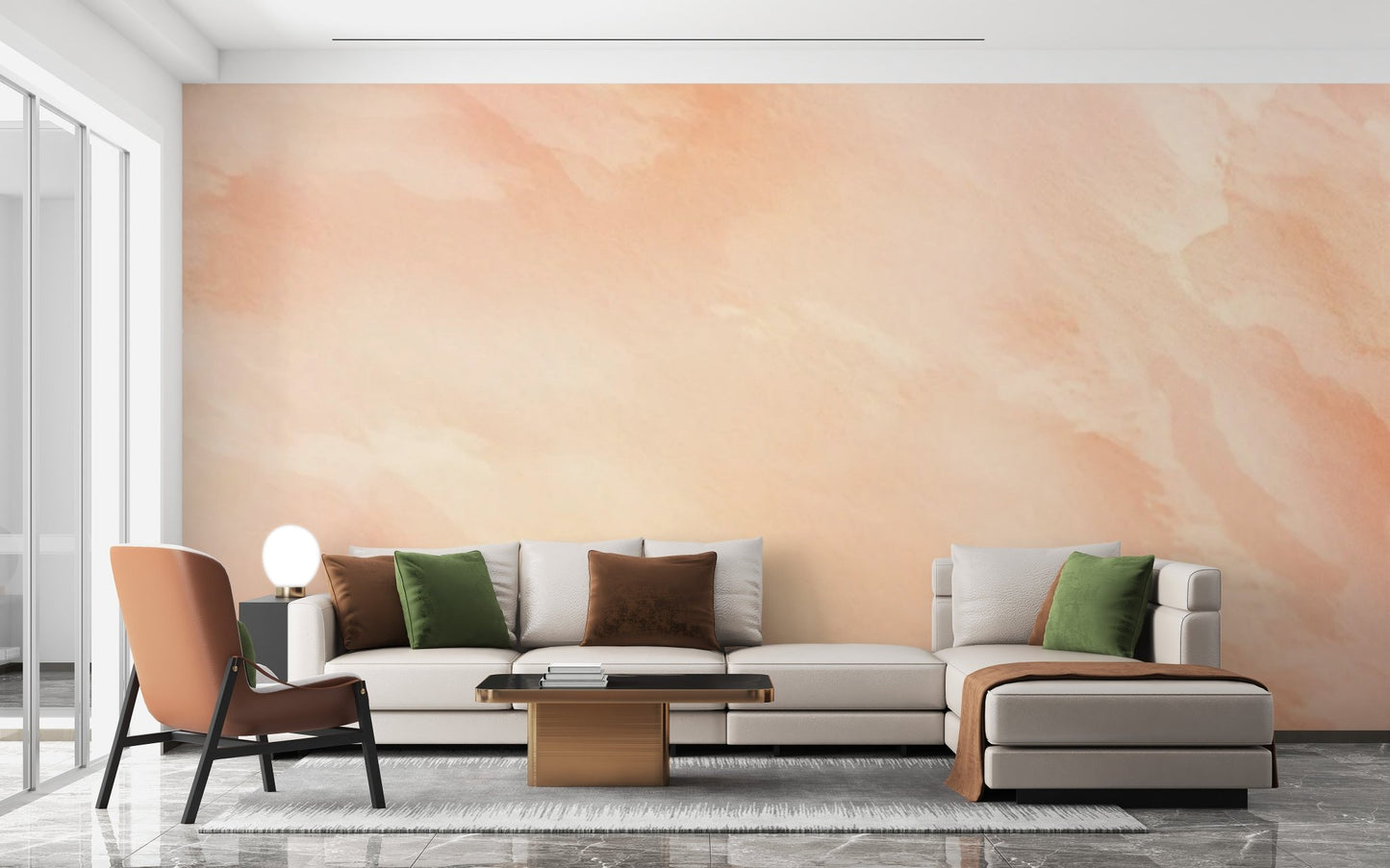Minimal watercolor wallpaper with smooth peach paint blending for sitting area.