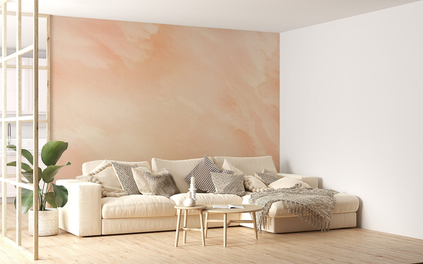 Peach toned watercolor wallpaper with flowing paint layers for hallway.