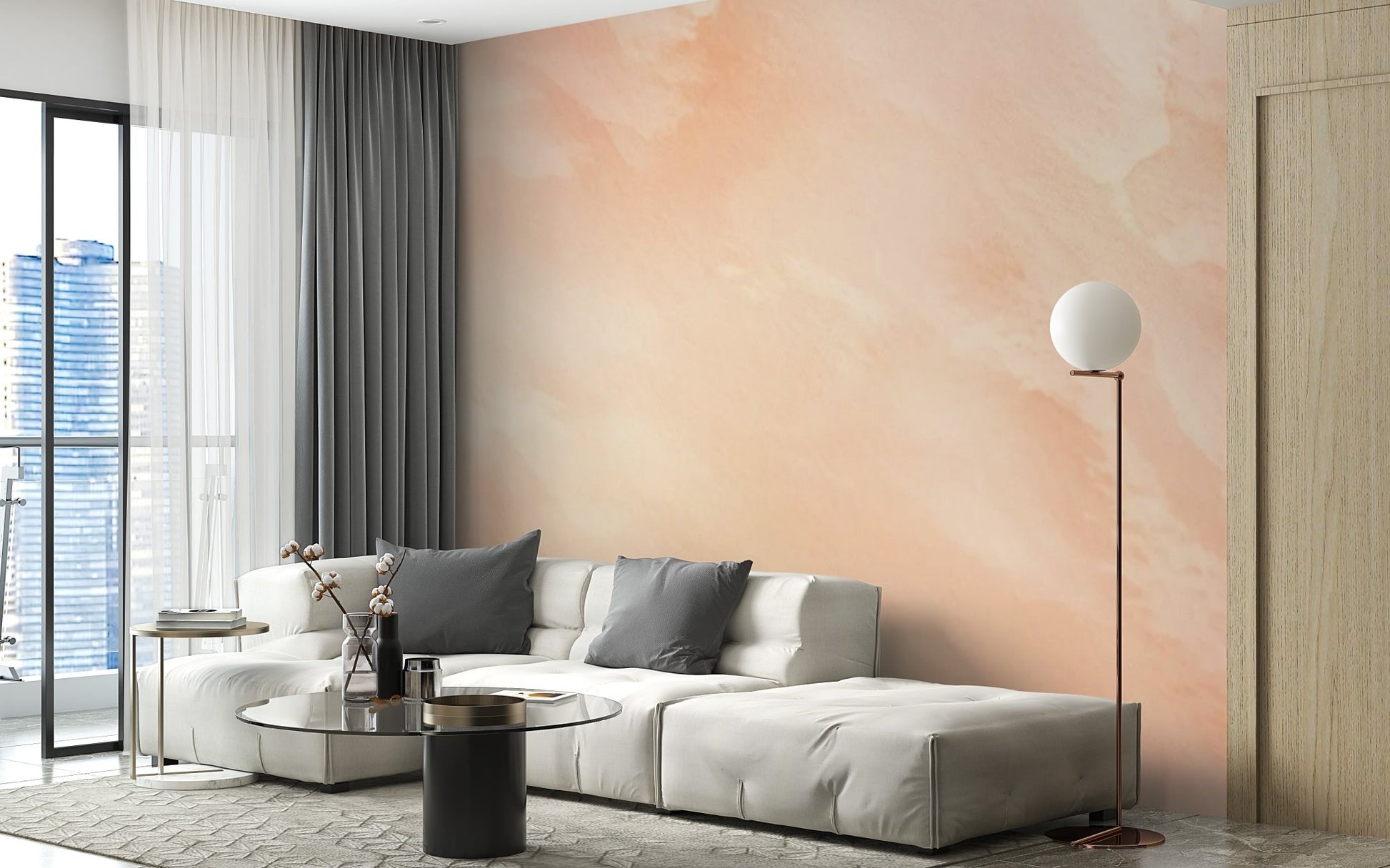 Abstract pastel watercolor wall mural with subtle paint wash for home office.