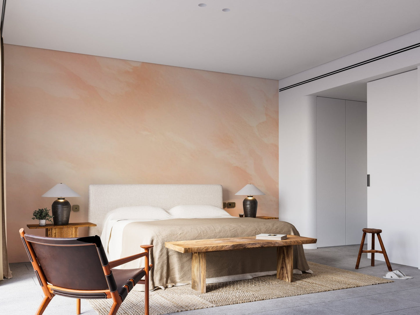 Abstract watercolor wall mural with warm peach and sand color wash for bedroom backdrop.