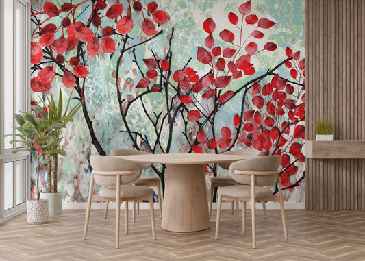 Red autumn leaf wallpaper in a bright room with a round dining table.