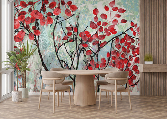 Red autumn leaf wallpaper in a bright room with a round dining table.