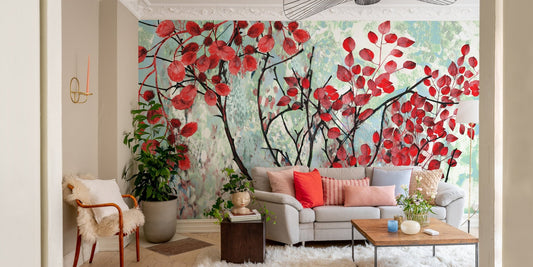 Red leaf wallpaper mural in a spacious living area with natural light.