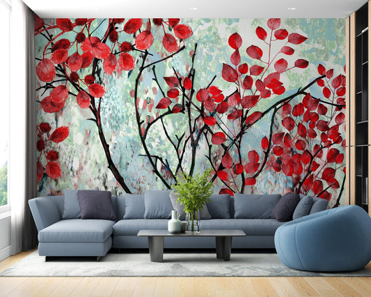 Vibrant Red Leaves Wall Art Murals behind a blue sofa in a living room.