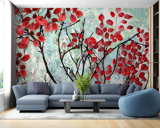 Vibrant Red Leaves Wall Art Murals behind a blue sofa in a living room.