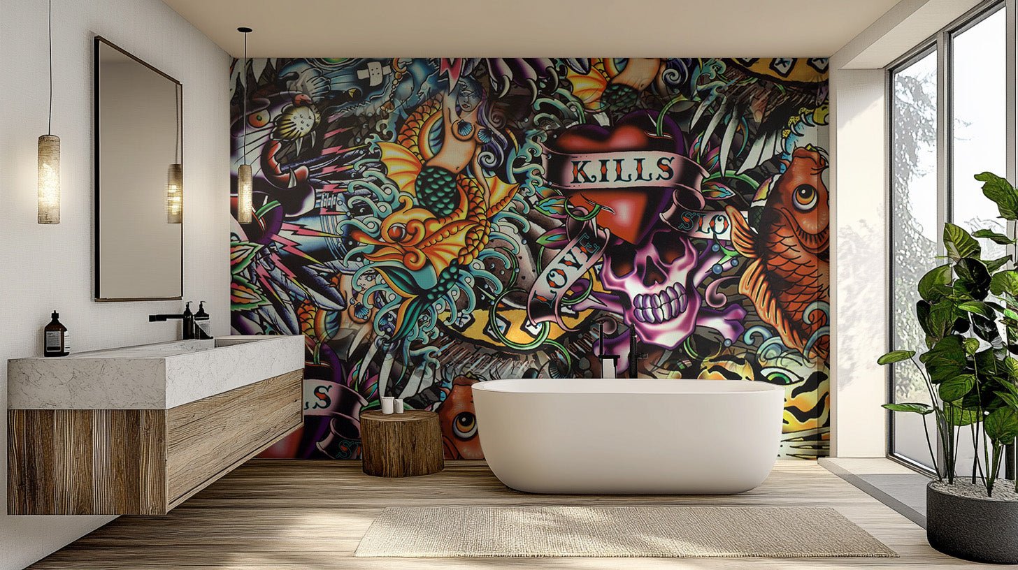 Vibrant skull tattoo mural with detailed line artwork for bathroom walls.