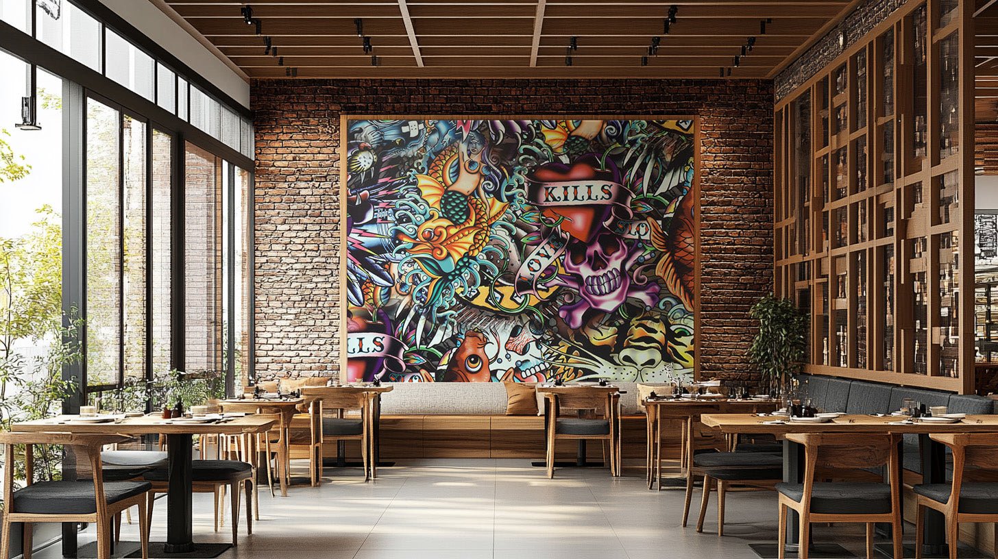 Artistic vibrant wall mural with layered tattoo flash graphics.