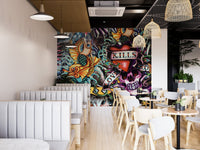 Vibrant graphic wall mural in colorful tattoo collage theme for dining area.