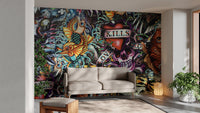 Modern tattoo wall mural with layered animal illustrations in living room.