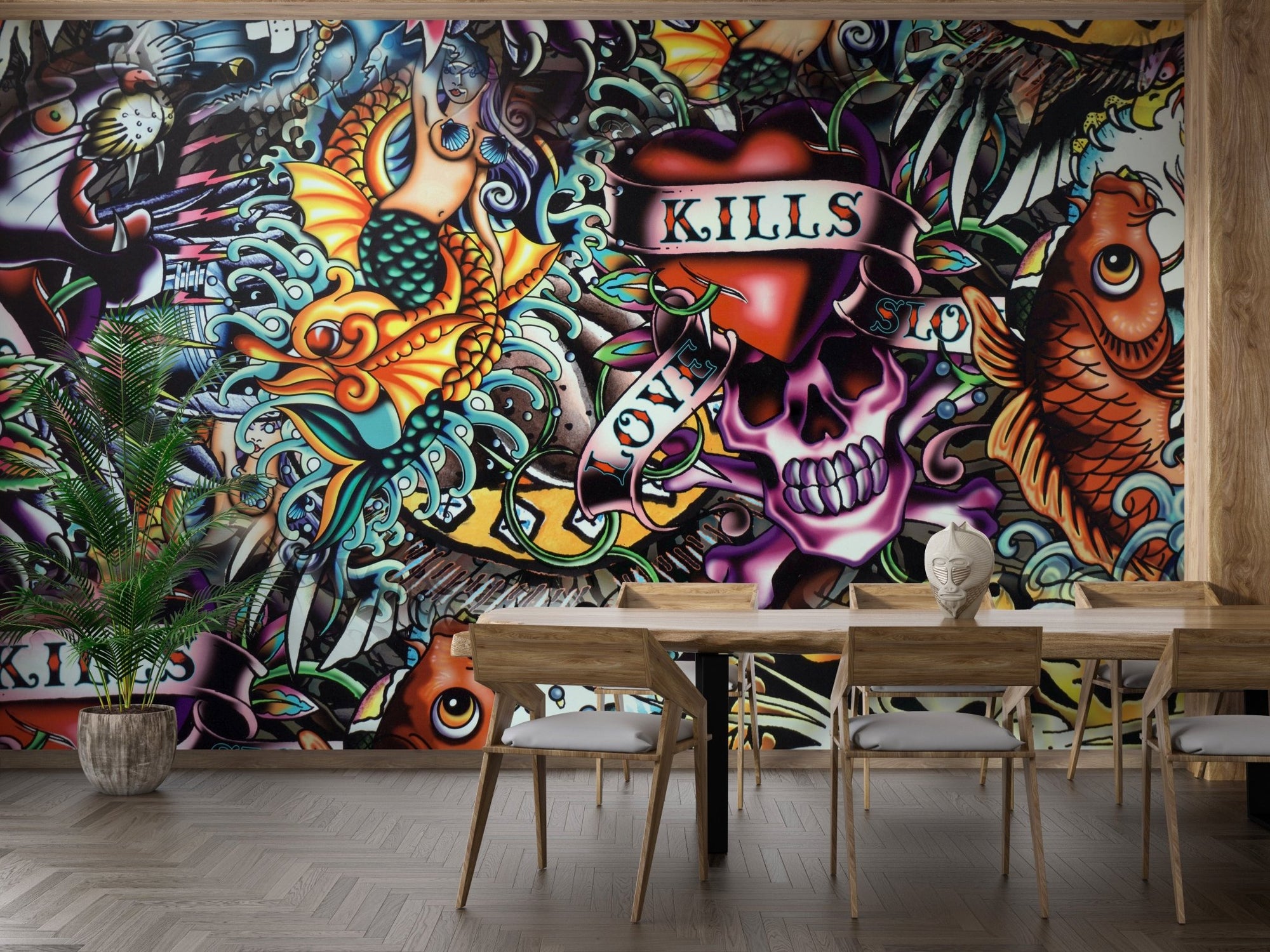 Vibrant tattoo art wall mural with skull and koi fish design for dining room.