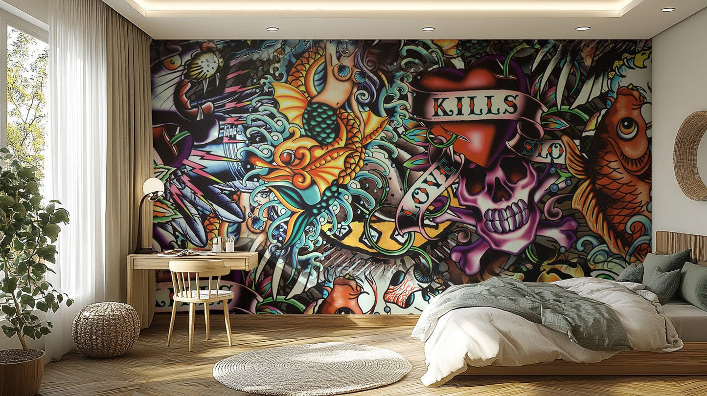 Street style tattoo wall mural with red and teal color accents for bedroom interior.