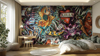 Street style tattoo wall mural with red and teal color accents for bedroom interior.