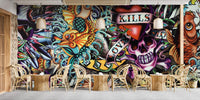 Tattoo style wall mural with bold tiger and graphic elements.