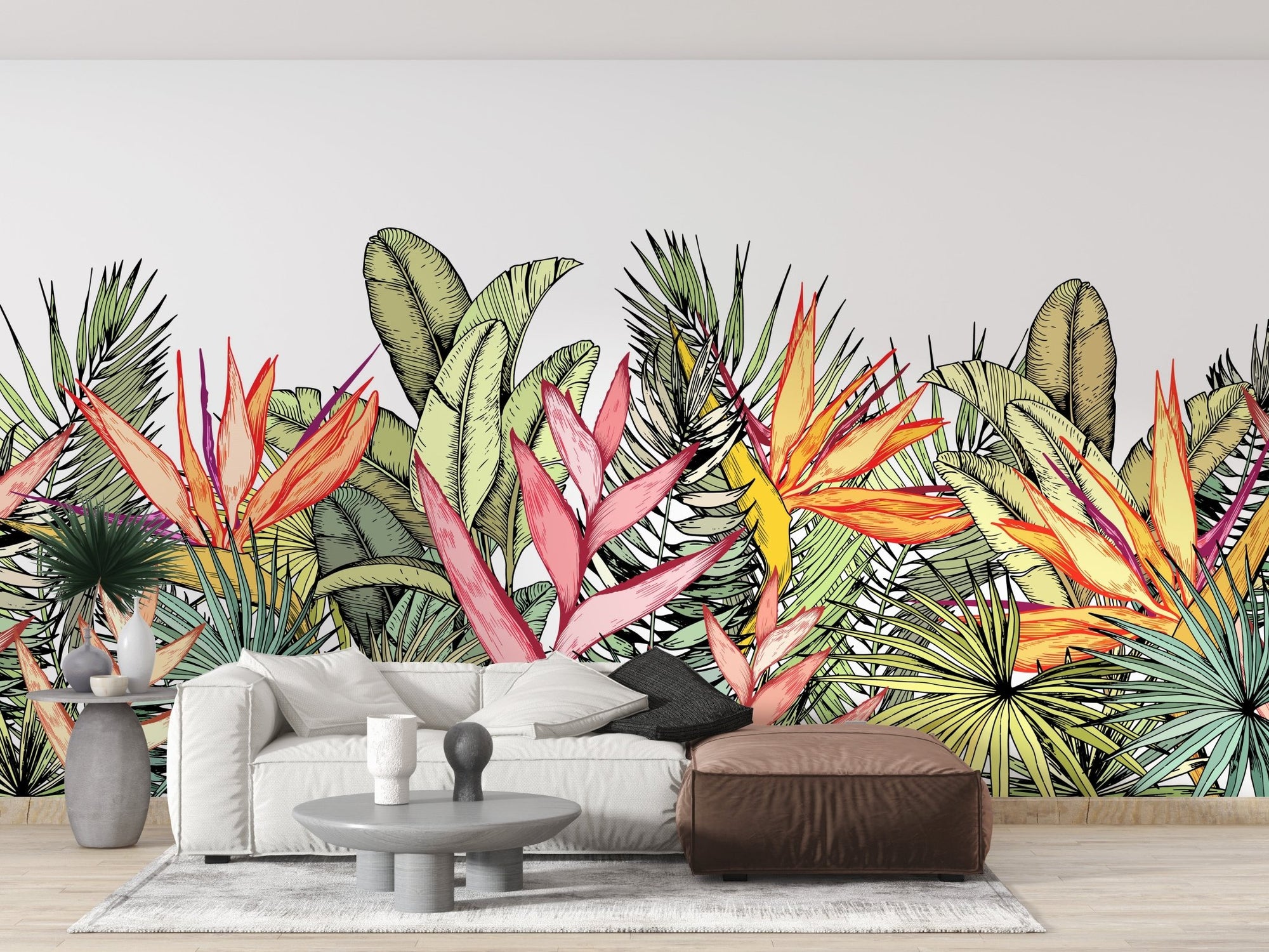 Vibrant Tropical Leaves and Flowers Murals in a living room with a white sofa.