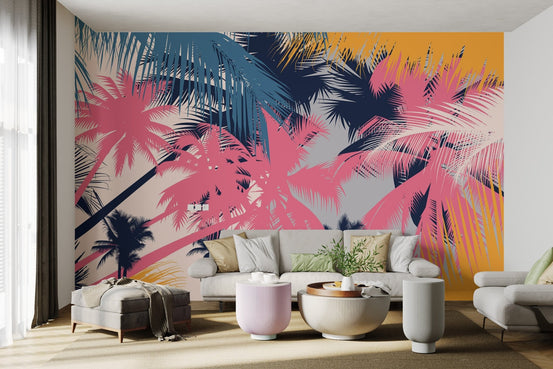 Modern palm tree wall covering in bold pink and mustard yellow.