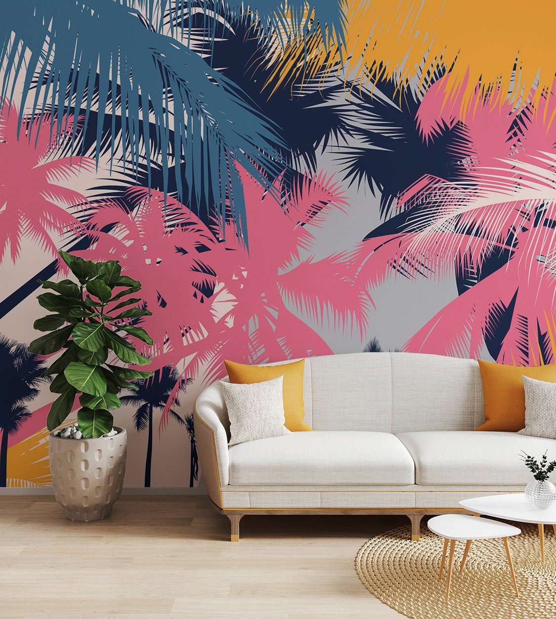 Teal and bubblegum pink tropical leaves wallpaper for interior walls.