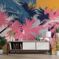 Vibrant tropical palm tree wallpaper with pink and blue fronds.