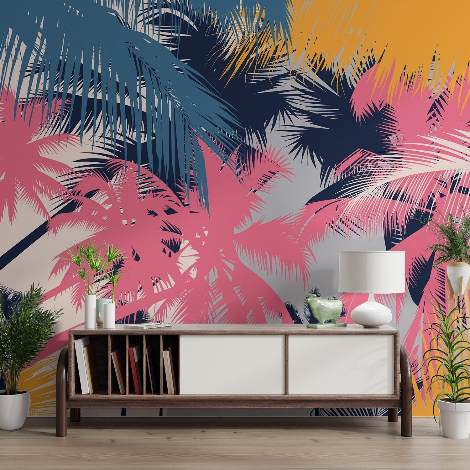 Vibrant tropical palm tree wallpaper with pink and blue fronds.