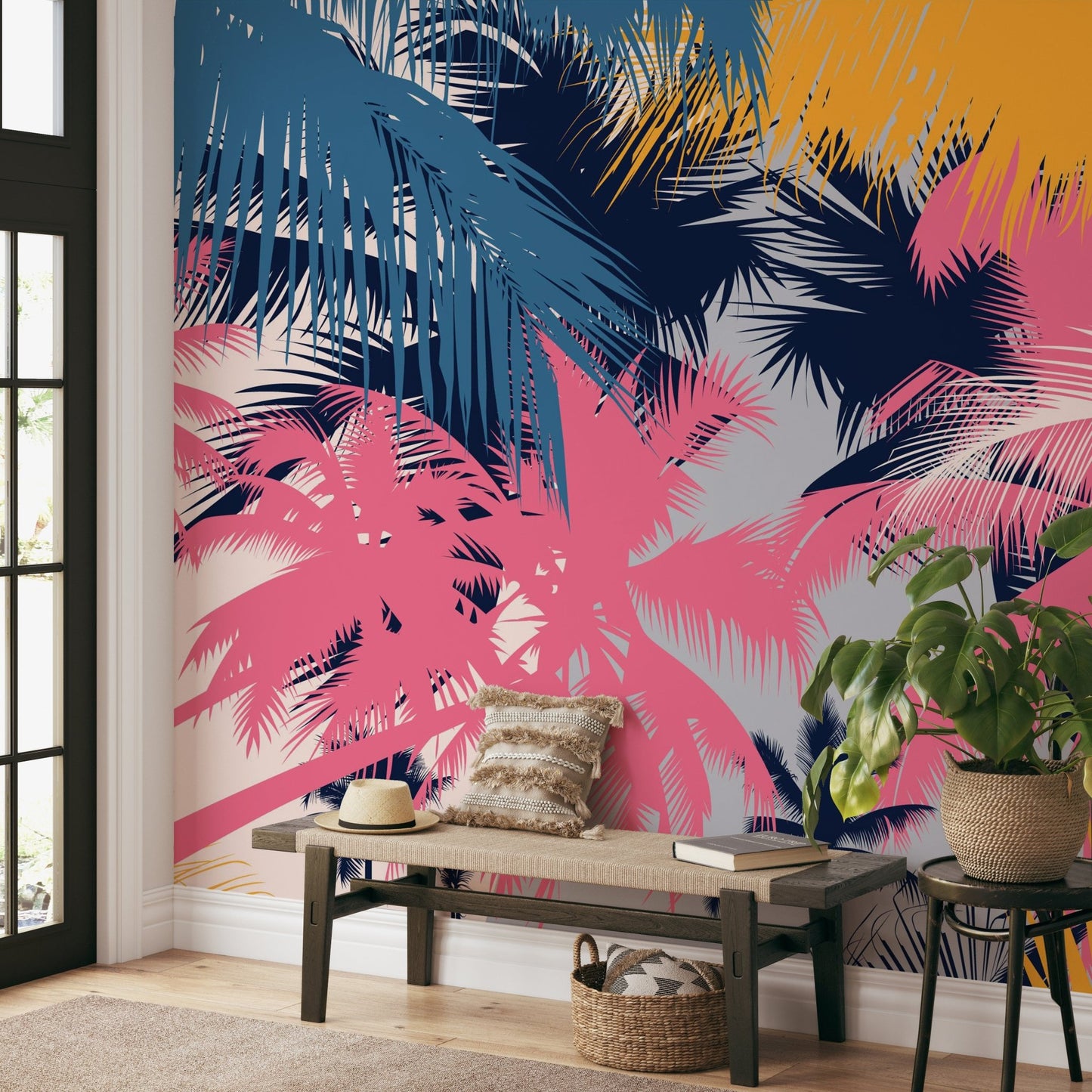 Tropical leaf pattern wall mural in a contemporary graphic style.