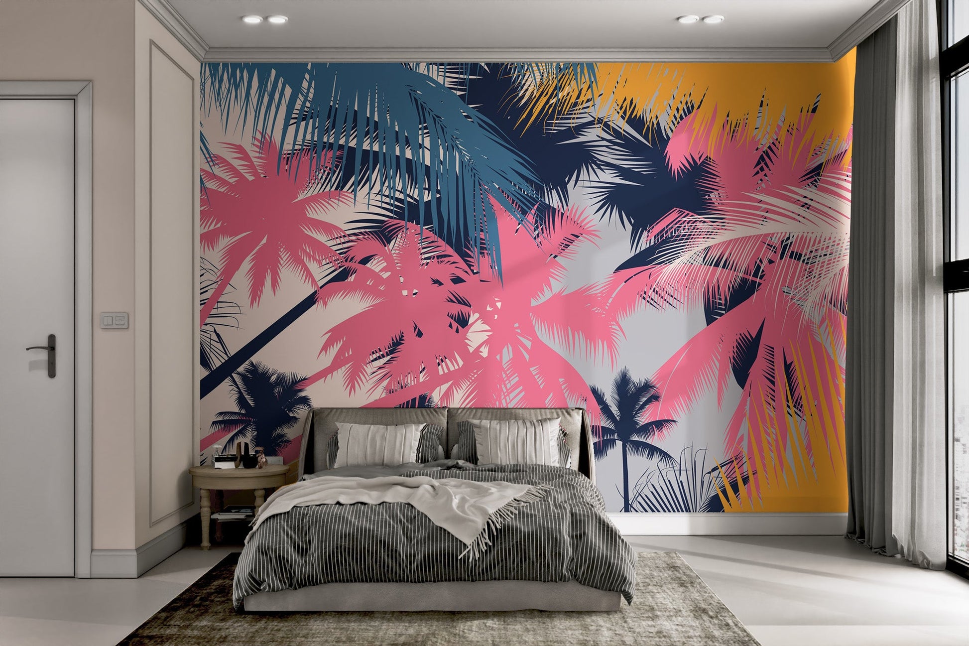 Bright pink palm tree wallpaper with deep navy blue accents.
