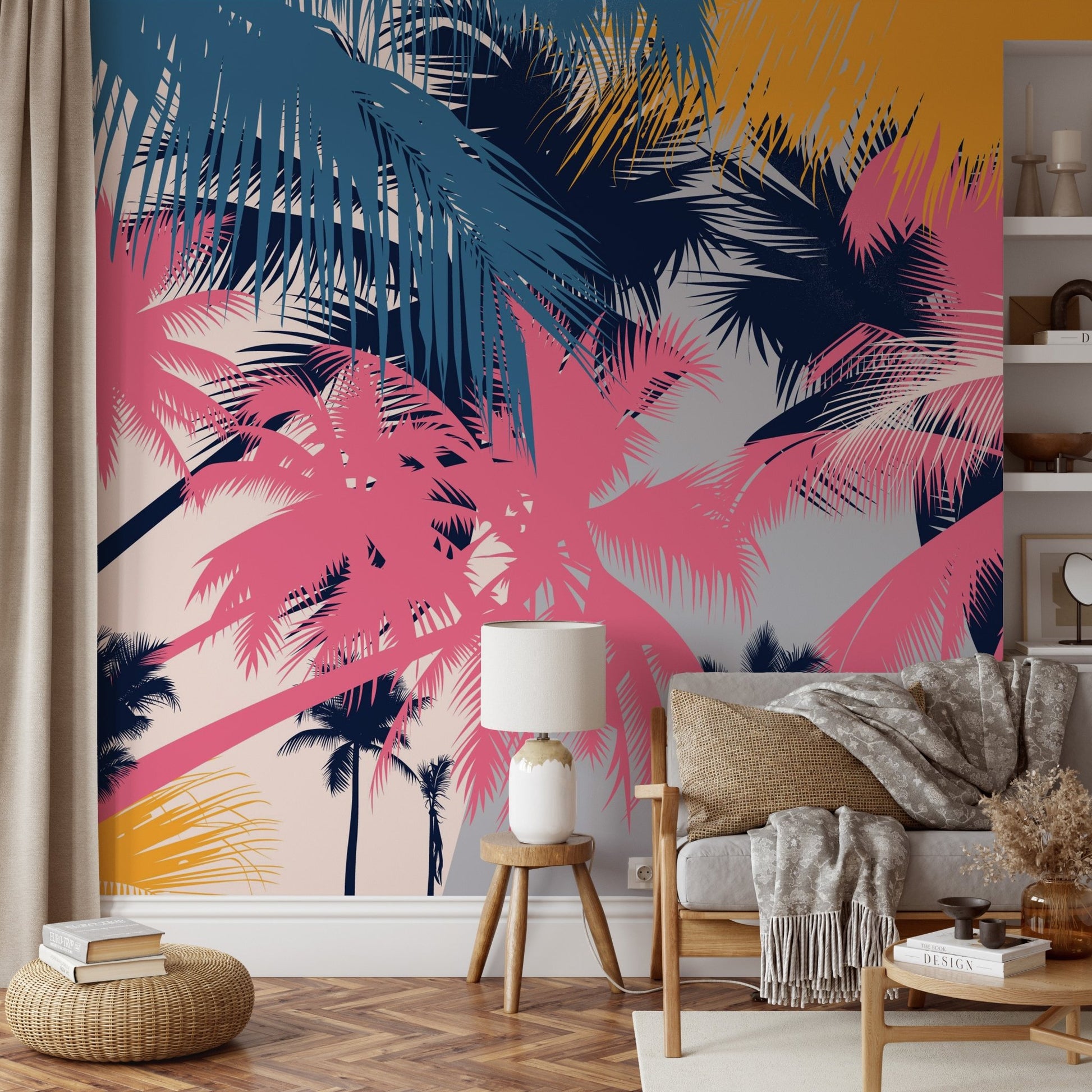 Multicolor palm tree wallpaper for a creative accent wall.