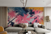 Graphic nature inspired tropical wall mural with vibrant summer colors.
