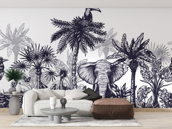Black and white elephant mural in a modern living room with a beige sofa.