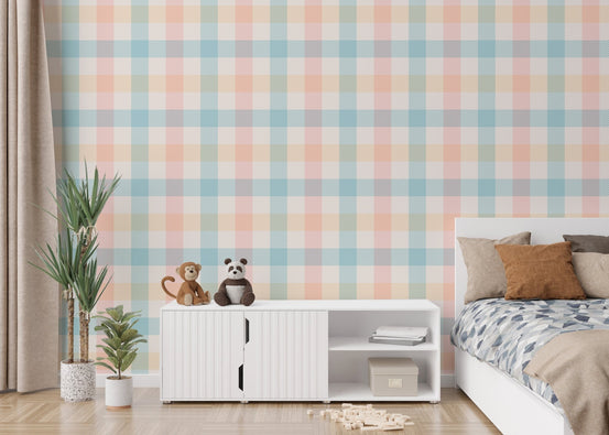 Pastel checkered wallpaper in a modern bedroom with a white side cabinet.
