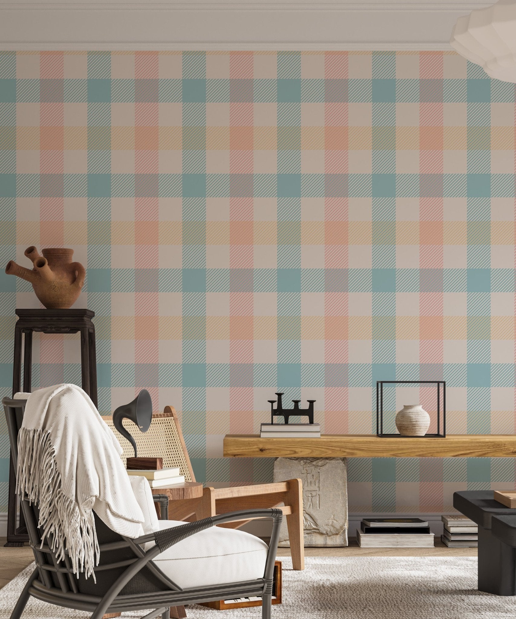 Pastel gingham wallpaper used in a minimalist living room with a white chair.