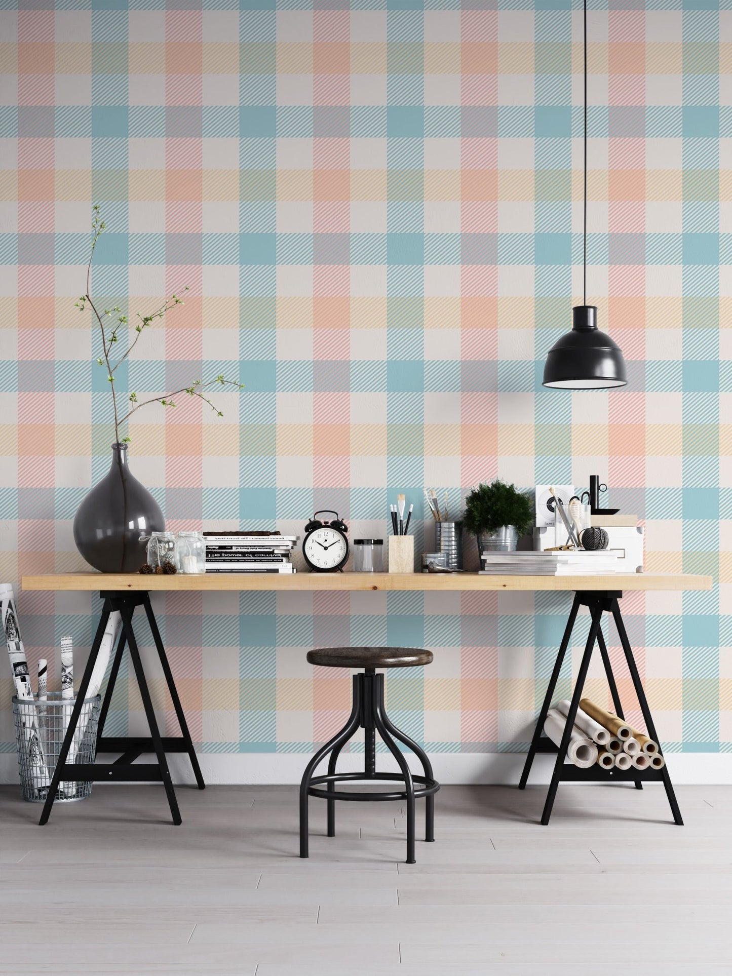 Geometric Vichy stripe wallpaper in a home office with a black desk.