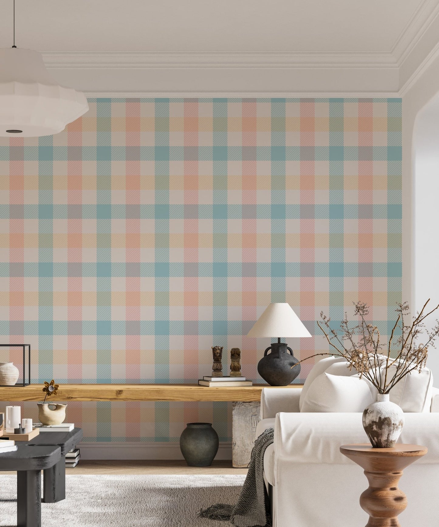 Vichy Pattern Pastel Gingham Stripe Geometric Wallpaper in a bright living room.