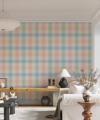Vichy Pattern Pastel Gingham Stripe Geometric Wallpaper in a bright living room.