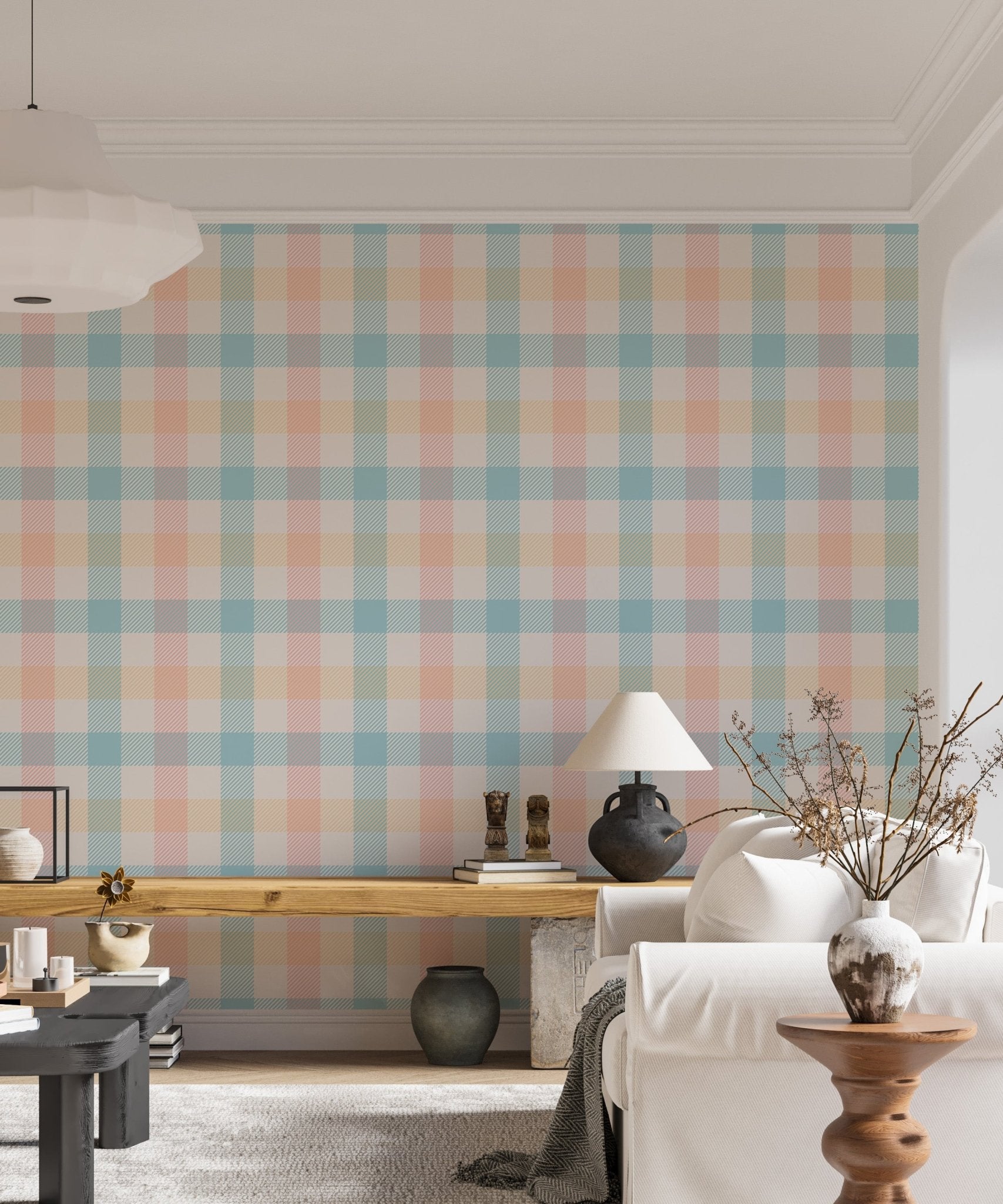 Vichy Pattern Pastel Gingham Stripe Geometric Wallpaper in a bright living room.