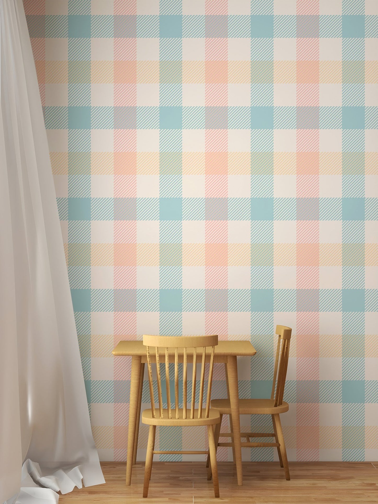 Vichy pattern wallpaper behind a small wooden dining table and chairs.