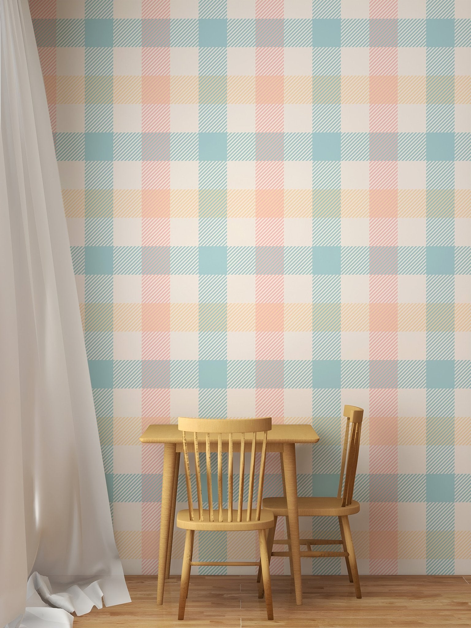 Vichy pattern wallpaper behind a small wooden dining table and chairs.