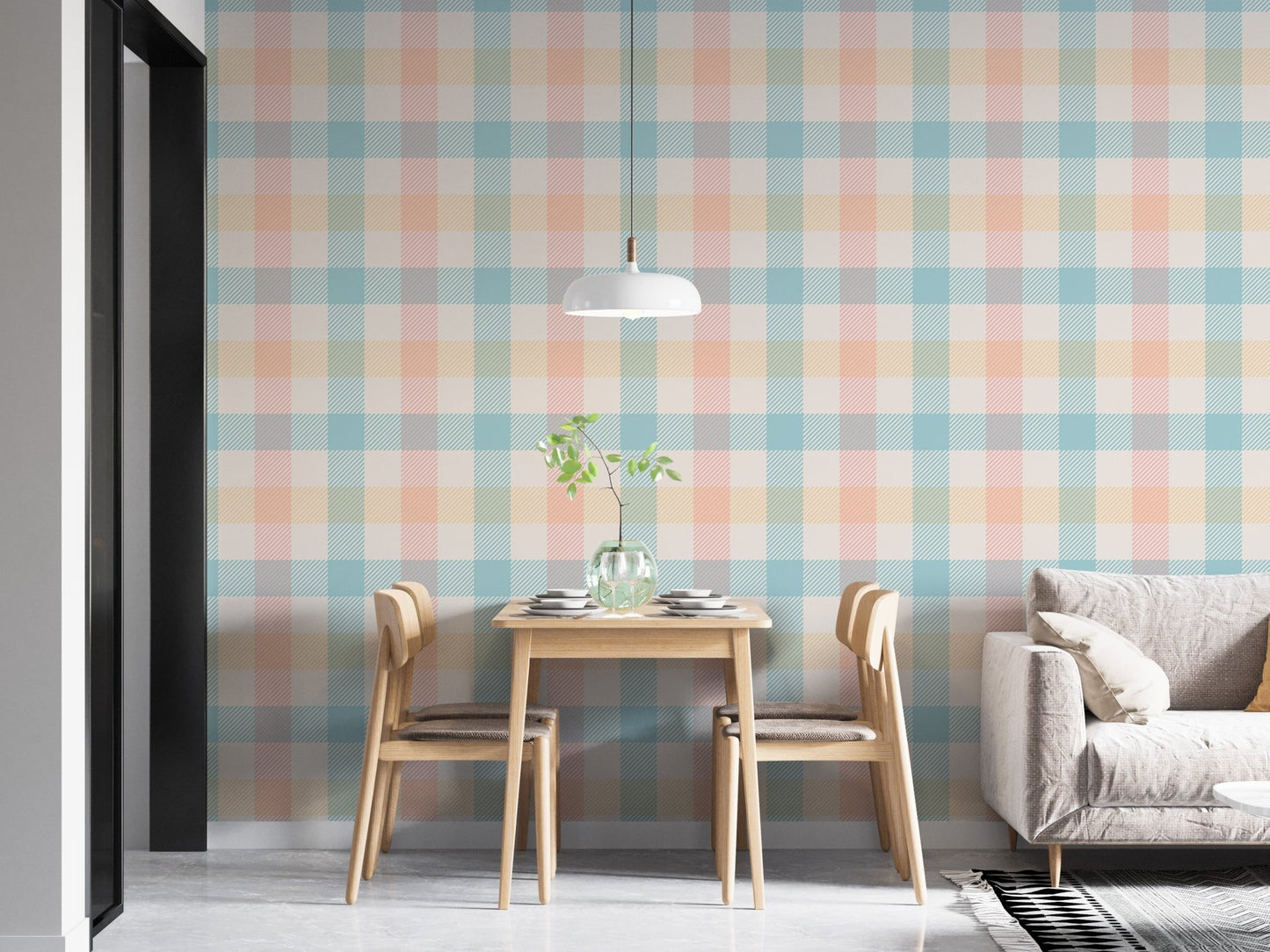 Pastel gingham wallpaper in a dining area with a modern white pendant light.