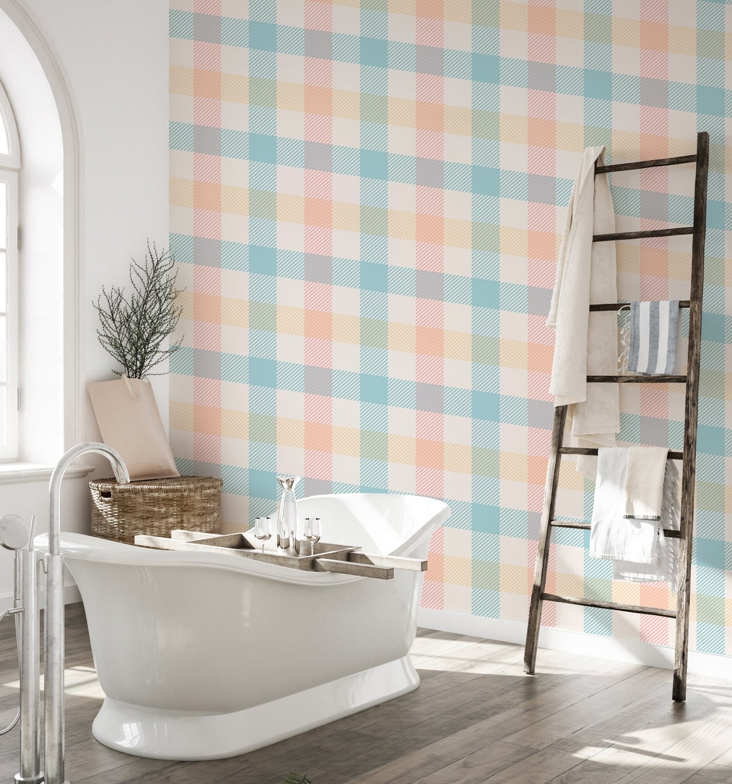 Waterproof Vichy pattern wallpaper for a bathroom with a white bathtub.