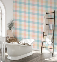 Waterproof Vichy pattern wallpaper for a bathroom with a white bathtub.