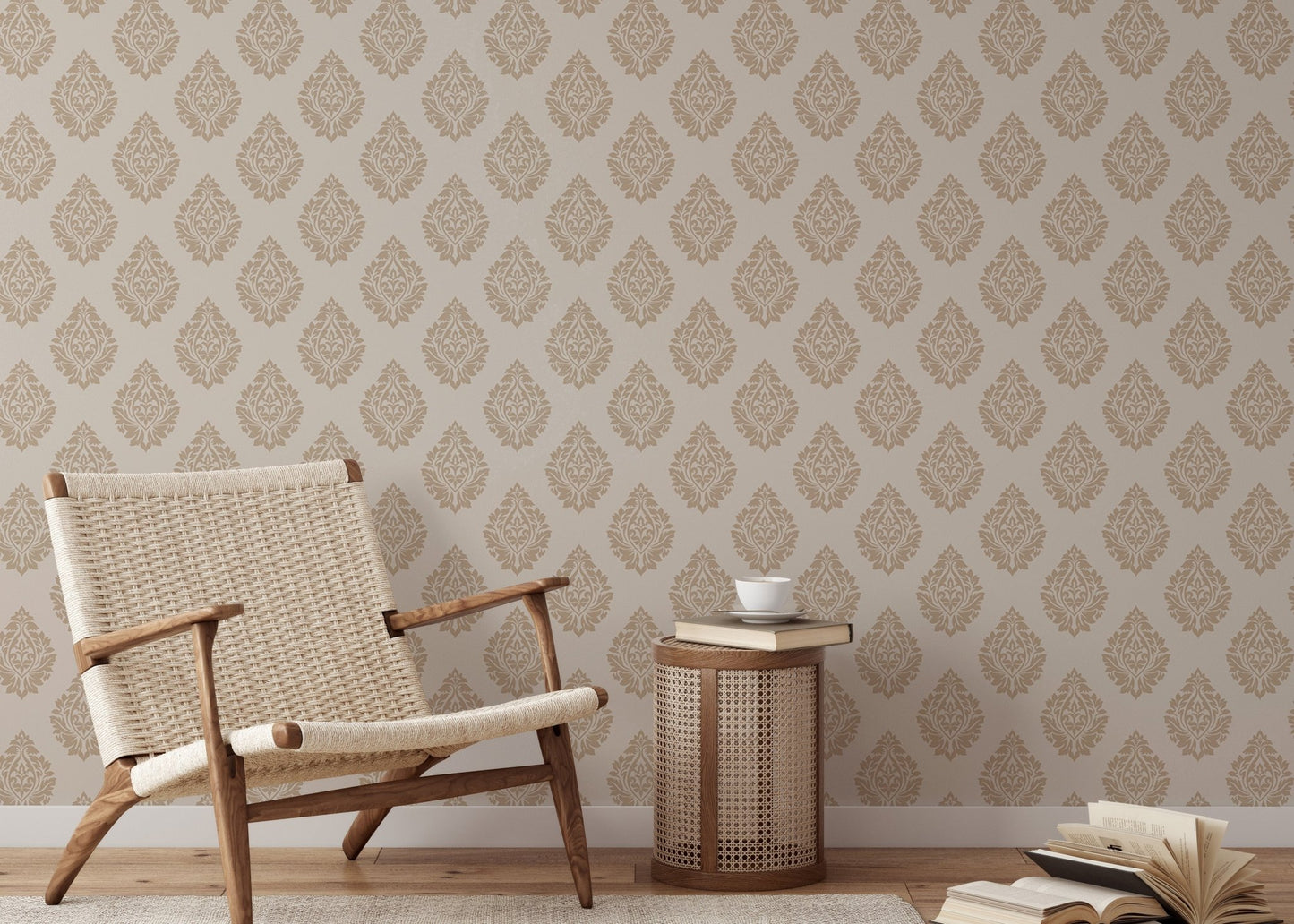 Victorian Brown Butta Damask Repeat Pattern Wallpaper in a reading area with a tan chair.