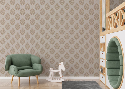 Brown butta wallpaper in a child’s playroom with a green chair and toy horse.