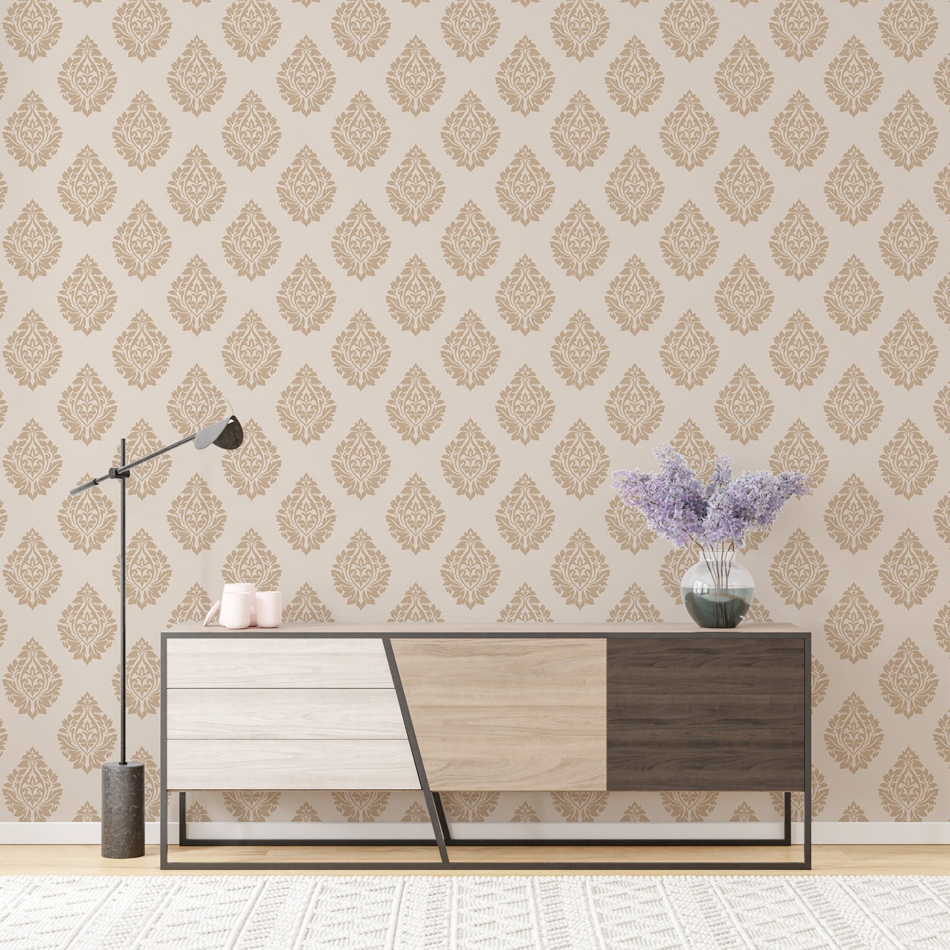 Butta damask wallpaper in a study with a modern sideboard and desk lamp.