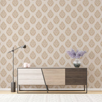 Butta damask wallpaper in a study with a modern sideboard and desk lamp.