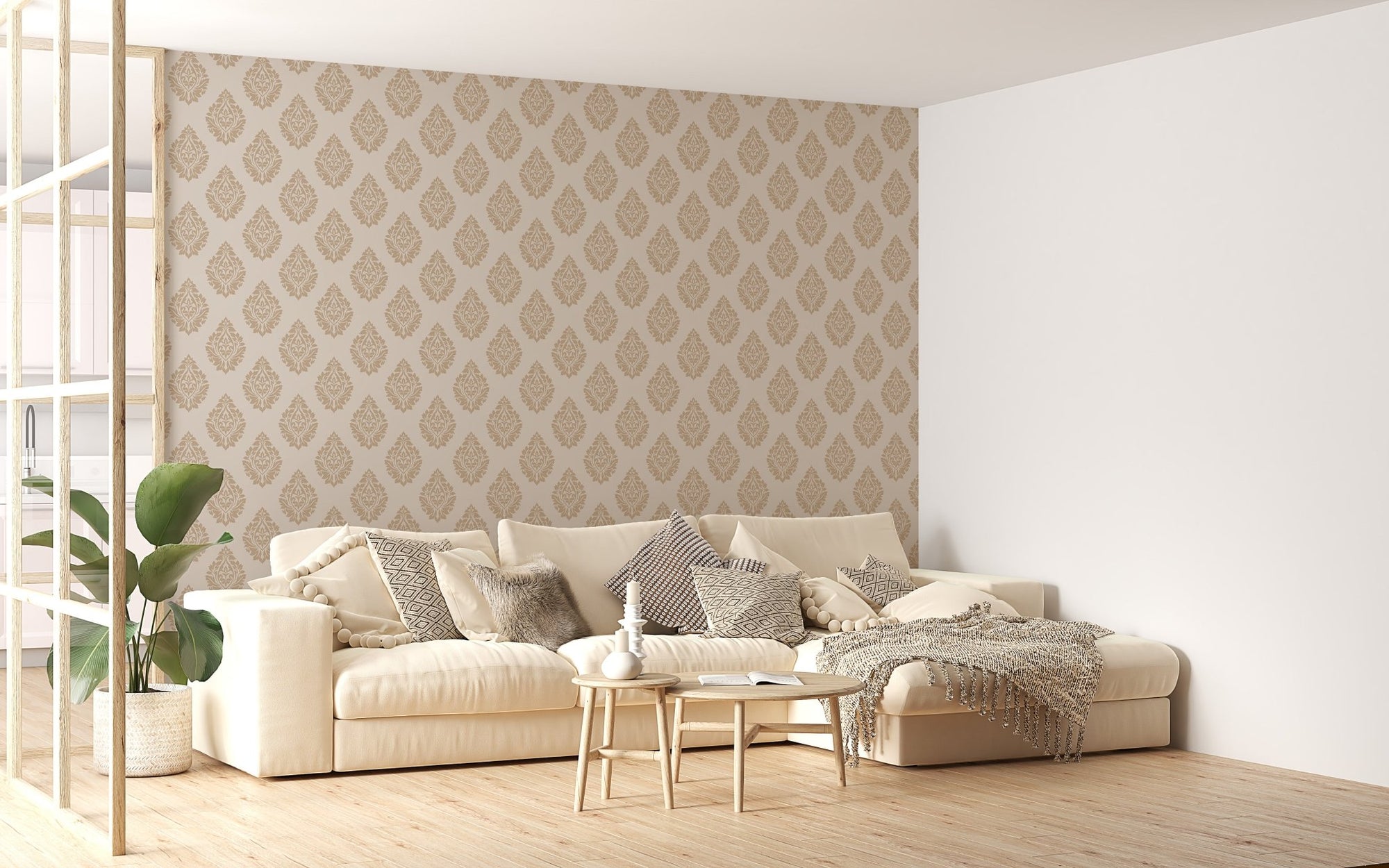 Victorian Brown Butta Damask Repeat Pattern Wallpaper in a living room with a white sofa.