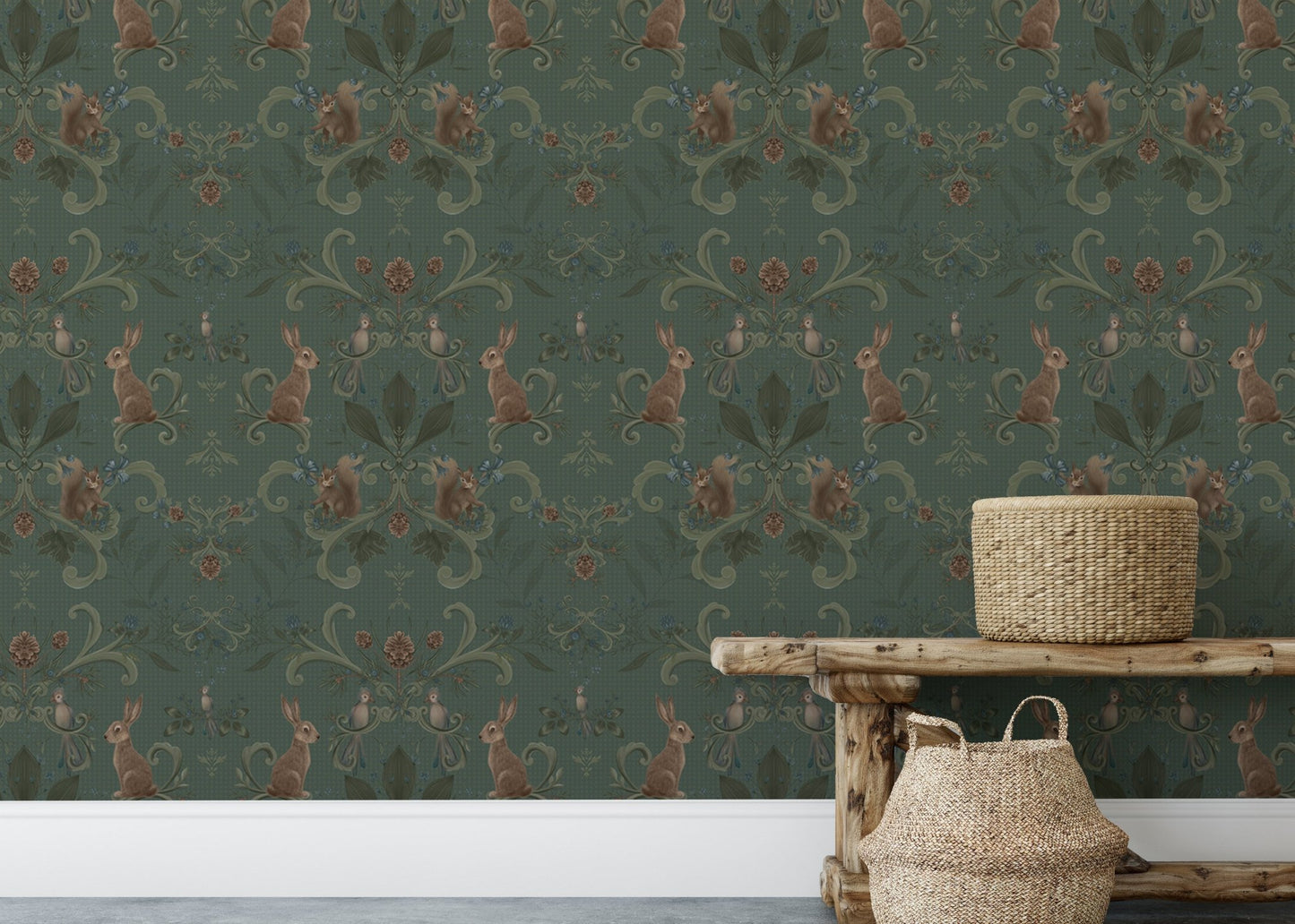Woodland animal wallpaper in a Victorian-inspired design.