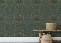 Woodland animal wallpaper in a Victorian-inspired design.