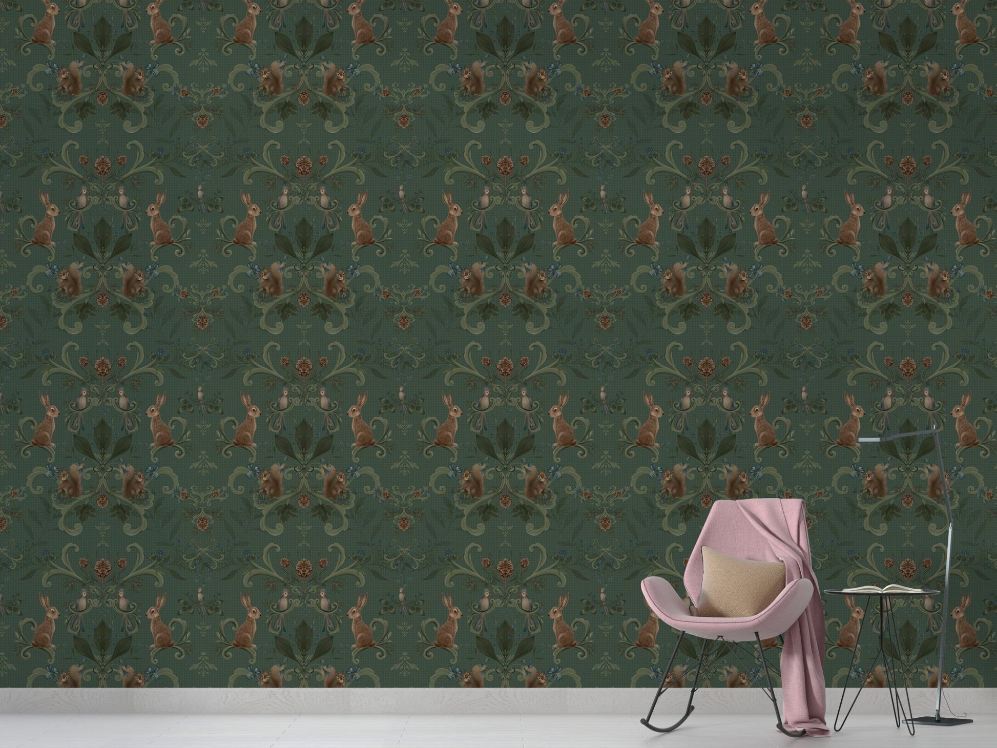 Elegant green wallpaper with forest and animal motifs in living area.