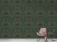 Elegant green wallpaper with forest and animal motifs in living area.